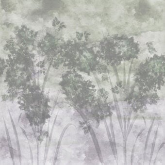 Distinguished Wall&Decò Tree Canopy wallpaper with watercolor brushstrokes and crackled texture in muted greens and grays