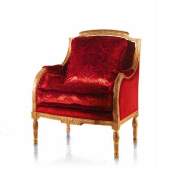 Lavish Zanaboni 004/C lounge chair with red damask textile upholstery and striking gold leaf hardwood finish