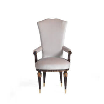 Exceptional Zanaboni P/4600 armchair with light grey-beige textile, sculpted wood frame and gilded hand-carvings with dark brown finish