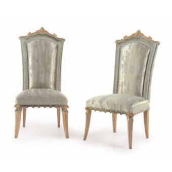 Elegant Zanaboni S/4200 chair in pale green textile with light-toned wood and gilded metallic details