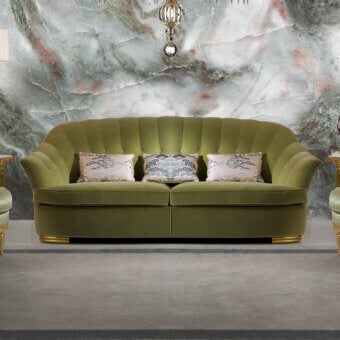 Distinguished Zanaboni Broadway sofa with olive green velvet upholstery and a subtle metallic accent base