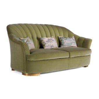 Distinguished Zanaboni Broadway sofa with sumptuous olive green velvet upholstery and elegant gold-toned finishes