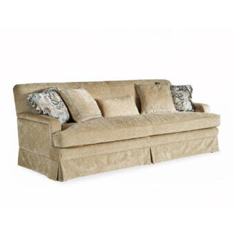 Exclusive Zanaboni Chagall sofa upholstered in lavish golden-beige textile with patterned cushions and light blue trim
