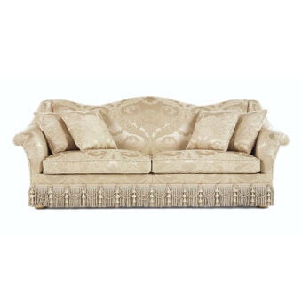 Lavish Zanaboni Degas sofa crafted with solid wood structure and sophisticated fabric upholstery in gold and cream shades with fringes