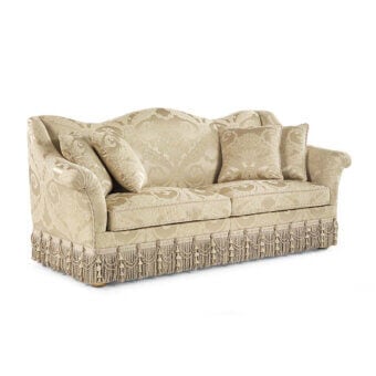 Distinguished Zanaboni Degas sofa upholstered in gold and beige fabric with floral scroll motifs and luxurious fringe detailing