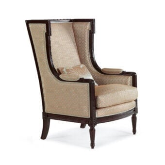 Exceptional Zanaboni Dorotea lounge chair expertly crafted with wood and luxurious fabric upholstery in beige and gold with a glossy dark brown finish