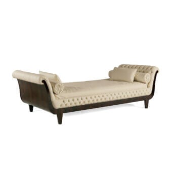 Distinguished Zanaboni Frida daybed crafted with solid wood and light beige textile, featuring capitonné detailing and scrolled armrests