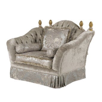Lavish Zanaboni Lara lounge chair with muted beige-grey damask upholstery and gold embellished solid wood frame