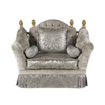 Distinguished Zanaboni Lara lounge chair crafted with plush gray textile and ornate gold-toned details