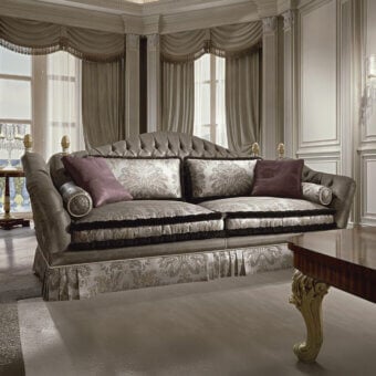 Exquisite Zanaboni Lara sofa with muted gray patterned damask upholstery and gold detailing crafted in solid wood