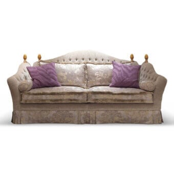 Superior Zanaboni Lara sofa with taupe textile, gold details, capitonné padding and lavender damask cushions