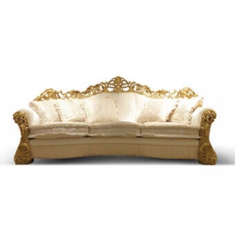 Lavish Zanaboni Leonardo sofa crafted with solid wood, ivory patina and gold leaf finish, upholstered in creamy white textile