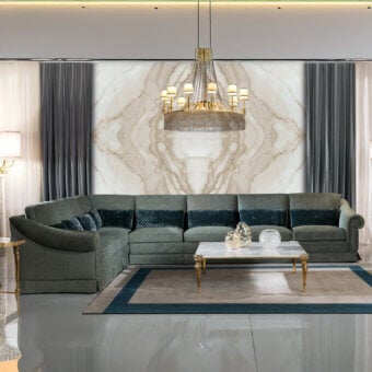 Distinguished Zanaboni Portofino sectional upholstered in textured textile with matte finish and teal cushions