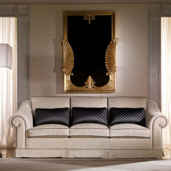 Distinguished Zanaboni Portofino sofa built in woven textile with dark diamond-quilted cushions and a refined off-white tone