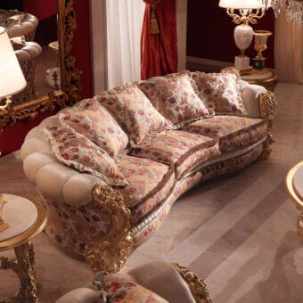 Exquisite Zanaboni Renoir sofa upholstered in cream, red, and green damask fabric with ivory patina gold carvings