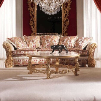 Superior Zanaboni Renoir sofa crafted with ivory patina wood and red, beige, cream damask upholstery exhibiting gold carvings