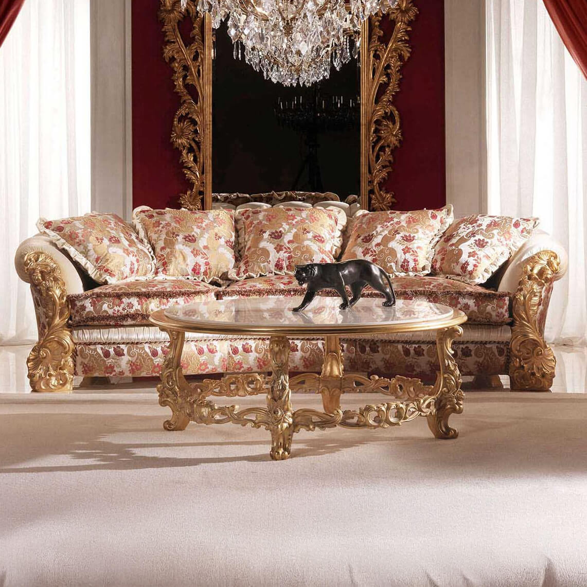 Superior Zanaboni Renoir sofa crafted with ivory patina wood and red, beige, cream damask upholstery exhibiting gold carvings