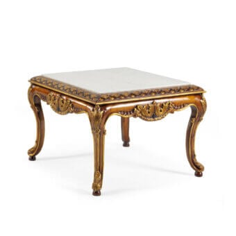 Distinguished Zanaboni T128/S side table crafted in solid wood with Gold Walnut finish and light-colored stone tabletop exhibiting gold detailing