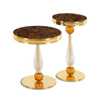Distinguished Zanaboni T130 side table with circular tiger’s eye stone tops and sculptural crystal bases in radiant 24K gold finish