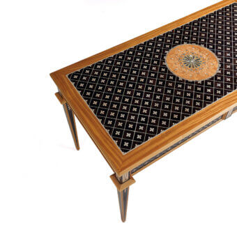 Elegant Zanaboni T184 desk crafted in wood with a satin finish, exhibiting a dark geometric inlay and floral central motif