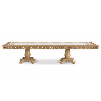 Exquisite Zanaboni T/5000 table built with hand-carved solid wood and spectacular inlaid marble with gold accents