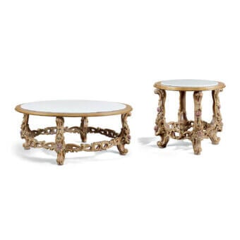 Superior Zanaboni Vienna coffee table crafted with marble and wood, exhibiting ornate hand-carved detailing with antique pickled finish