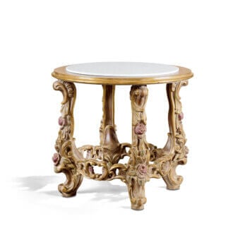 Distinguished Zanaboni Vienna side table with marble top and exquisitely detailed wooden structure finished in antique decapé with gold details