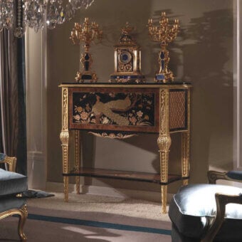 Distinguished Zanaboni W015 vanity crafted with ebony wood, copper, zinc, and brass with gilded carvings and glossy/satin finish