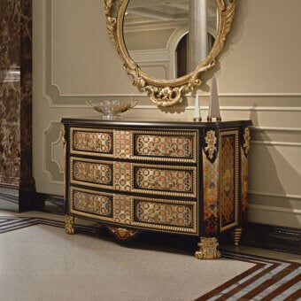 Distinguished Zanaboni W020 sideboard crafted with precious woods, polychromy inlay, golden elements against ebony with a glossy finish