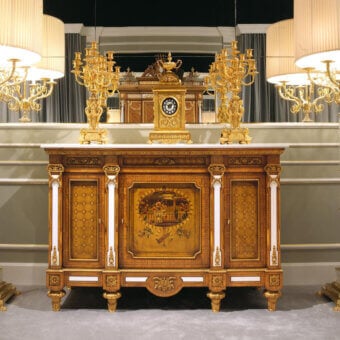Lavish Zanaboni W043 sideboard with olive briar inlay and luminous white Thassos marble, crafted in a glossy finish