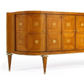 Exquisite Zanaboni W045 sideboard built with glossy citronnier wood inlay, delicate bone details and bronzed brass with a marble top