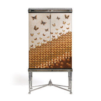Distinguished Zanaboni W052 cupboard with neutral beige, geometric detailing, inlaid mother-of-pearl, mahogany, and a satin finish