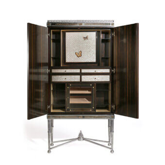 Exquisite Zanaboni W052 cupboard crafted with glossy dark brown wood, silver engraving, mother-of-pearl, mahogany and maple inlay