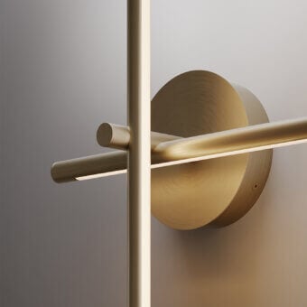 Distinguished VENICEM Kitami LED wall lamp crafted in metal with a warm gold satin finish and intersecting cylindrical arms