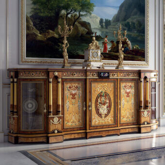 Distinguished Armando Rho A1357 sideboard with walnut Persian burl, cherry wood and marqueterie crafted in glossy finish