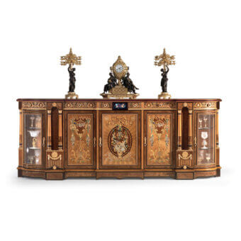 Lavish Armando Rho A1357 sideboard crafted in walnut Persian burl, cherry wood and amaranth with glossy marquetry detailing