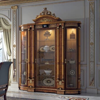 Exquisite Armando Rho A1358 cabinet crafted in walnut Persian burl, cherry wood and amaranth with glossy warm brown finish