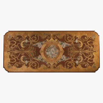 Exquisite Armando Rho A1359 table with walnut Persian burl, cherry wood marquetry, and precious malachite accents crafted in maple and brass