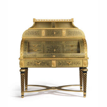 Distinguished Armando Rho A1391 desk crafted in satin metal brass with gilded detailing and muted olive green base
