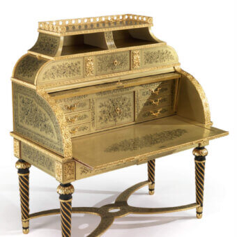 Exceptional Armando Rho A1391 desk with olive green wood and gold detailing in a satin sheen