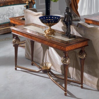 Distinguished Armando Rho A1148 console crafted in bois de rose and walnut burl with warm brown finish and gilded accents