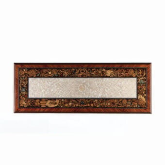 Lavish Armando Rho A1148 console handcrafted in bois de rose and walnut burl with a glossy finish and mother-of-pearl insert