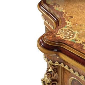 Distinguished Armando Rho A1253 sideboard built with bois de rose, walnut burl, California burl, mother of pearl, brass, and scagliola with glossy reddish-brown finish