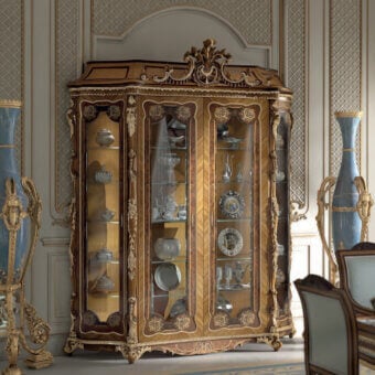 Distinguished Armando Rho A1254 cabinet crafted in bois de rose, walnut Persian burl, and California burl woods with luminous mother of pearl inlays and glossy finish