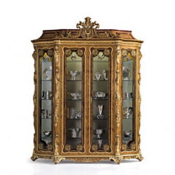 Distinguished Armando Rho A1254 cabinet handcrafted in bois de rose, walnut burl, and California burl with ornate gilded and gemstone-inspired scagliola accents