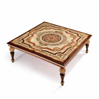 Exquisite Armando Rho A1299 coffee table crafted in maple, mahogany, and paduk wood with mother of pearl and brass inlays
