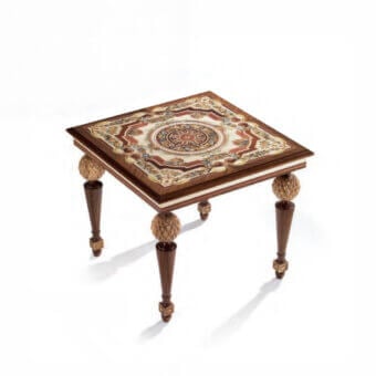 Exquisite Armando Rho A1300 side table crafted with maple, mahogany, and paduk wood with mother of pearl, brass, and exotic wood veneer inlays and glossy finish