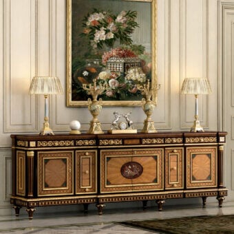 Exclusive Armando Rho A1310 sideboard crafted in satinwood, yew wood, and amaranth with amboyna burl and malachite inlays with glossy and satin finish