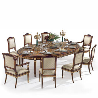 Distinguished Armando Rho A1311 table crafted in satinwood, yew wood, and amaranth with glossy finish and luminous mother of pearl inlays