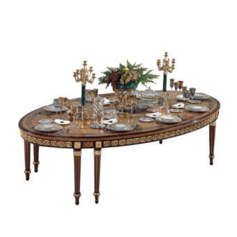 Exquisite Armando Rho A1311 table crafted in satinwood, yew wood, and amaranth with a glossy amboyna burl and luminous mother of pearl inlay